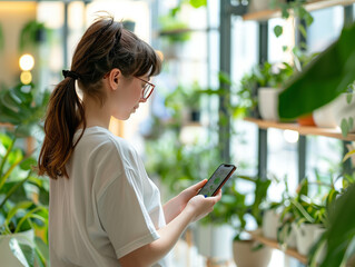 Wall Mural - Woman using her phone in office full of plants