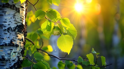 Wall Mural - Young juicy green leaves on the branches of a birch in the sun outdoors in spring summer close-up macro on the background of birch trunk. Spring Awakening, beautiful vivid colorful artistic image.