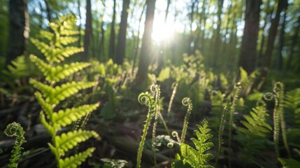 Wall Mural - Ferns unfurl their delicate fronds, reaching towards the dappled sunlight that filters through the trees.