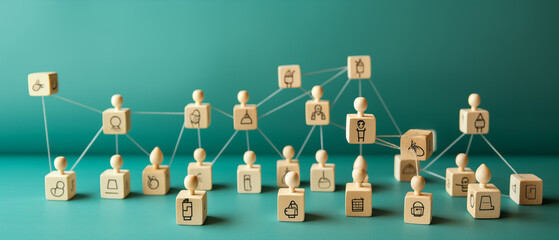 Wooden Blocks with Icons Forming a Network