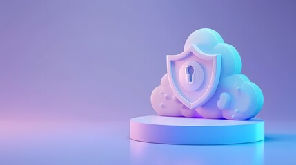 Poster - 3D illustration of a cloud with a shield and keyhole, symbolizing data security and cloud protection in a pastel background.