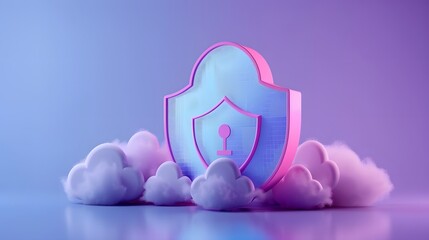 Wall Mural - 3D illustration of a secure digital cloud storage concept with a shield and lock symbol, surrounded by fluffy clouds on a gradient background.