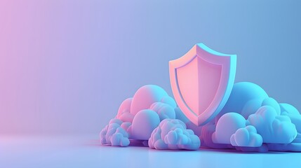 Poster - 3D illustration of a shield among clouds, symbolizing data security, protection, and cloud computing in a pastel-colored background.
