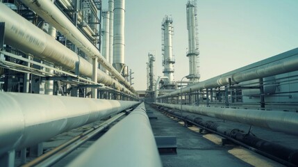 Poster - A close-up view of a vast network of pipes at a modern refinery, showcasing the intricate infrastructure and machinery that drives industrial operations