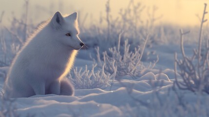 A beautiful mammal, an arctic pure white fox, sits on a snowy surface in the wild in the middle of a cold winter at the North Pole. He hunts for food in the forest. Survival in nature, wilderness