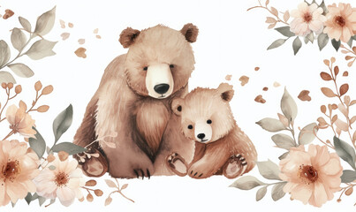 mom and baby bear and leaves and flowers; can be used for cards or baby shower or mother's day poste