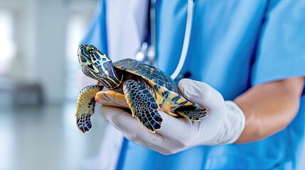 Veterinarian holding a turtle in hands with gloves, providing medical care to a reptile, in a veterinary clinic.