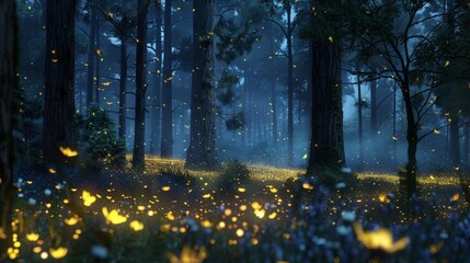 Wall Mural - Fireflies dance in the twilight, their bioluminescent glow illuminating the forest like tiny stars.