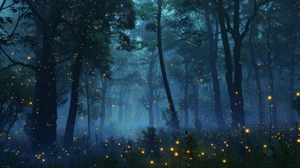 Sticker - Fireflies dance in the twilight, their bioluminescent glow illuminating the forest like tiny stars.