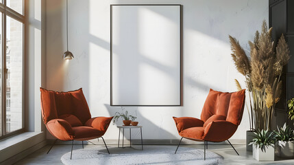 Canvas Print - Two armchairs in room with white wall and big frame poster on it