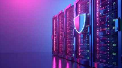 Poster - A row of secure, illuminated servers in a modern data center, bathed in purple and blue light, emphasizing digital security and technology.