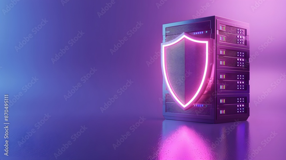 A server rack with a glowing shield symbol, representing cybersecurity ...
