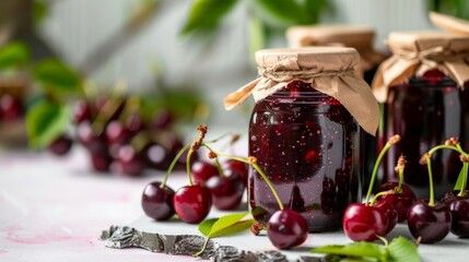 Wall Mural - Cherry jam jars with fresh cherries on a wooden table