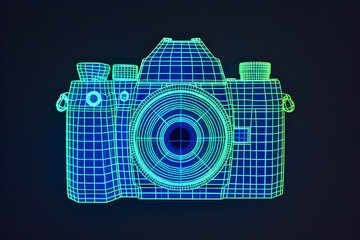 Wall Mural - Neon wireframe camera isolated on black background.