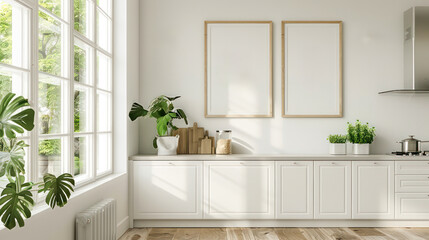 Wall Mural - Modern interior design of kitchen space with empty wooden frame on the wall.Generative AI