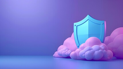 Blue shield atop fluffy pink clouds on a gradient purple background symbolizing security, cloud computing, and protection in a digital realm.