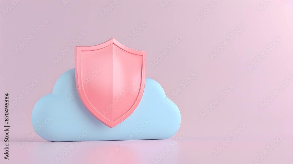 Cloud security concept with a blue cloud and pink shield on a pastel ...