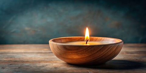 Wall Mural - Burning candle in a bowl , flame, wax, light, decor, relaxation, ambiance, cozy, home, rustic, calm, glowing, holder, aroma