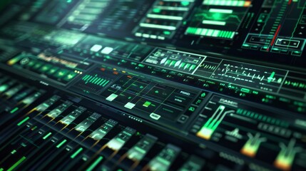 Aufkleber - A close-up shot of a futuristic interface with green data displayed on numerous screens, emphasizing technological advancement and data analysis
