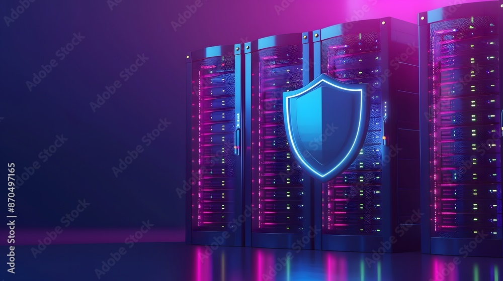 Cybersecurity data center with shield icon, representing protection and ...