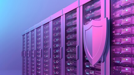 Poster - Data center security concept with server racks and shield symbol representing data protection and cybersecurity in a purple setting.