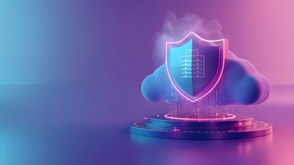 Digital security concept image with glowing shield and cloud, symbolizing data protection and cybersecurity in a futuristic setting.