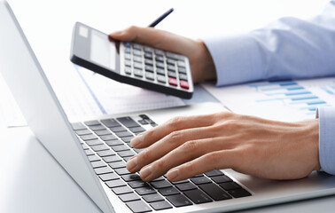 Poster - Investigating business financial health. Businessman calculating cash flow. Many reports and calculator.