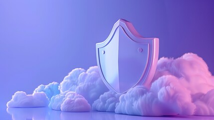 Poster - Digital shield amongst clouds symbolizing cybersecurity and data protection with a futuristic, cloud-computing vibe.