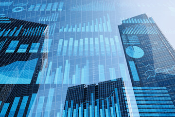 Poster - Business management data and economic indicator. Financial and statistical information. Many graphs and charts on background of tall buildings.