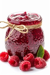Wall Mural - A jar of delicious raspberry jam on a white background