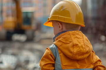 AI generated image of little cute child builder wearing helmet and costume like an adult