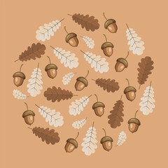 Wall Mural - Autumn background. Round background of oak leaves and acorns. Illustration, template, vector