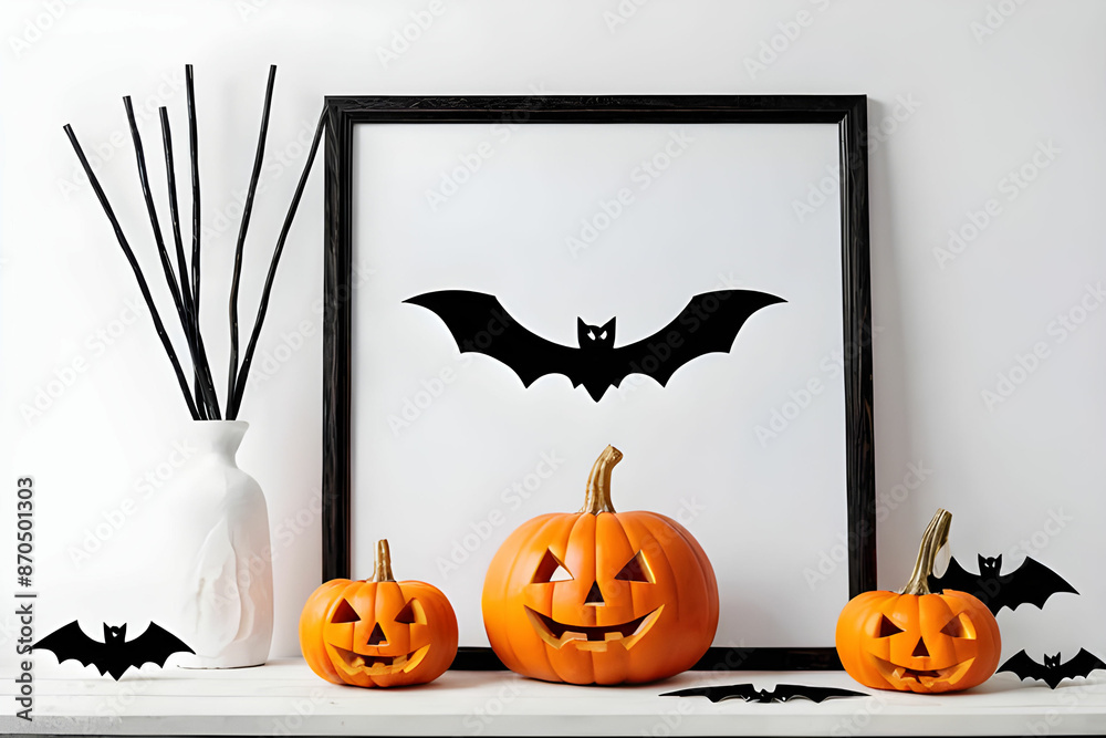 Mock up frame with Jack o Lantern and pumpkin decor on a table ...