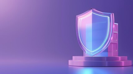Wall Mural - Futuristic shield icon on a gradient background, symbolizing cybersecurity, protection, and defense in a modern digital environment.
