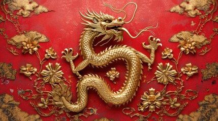 Chinese New Year. Dragon gold decoration on red background. Copy space