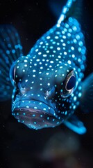 Wall Mural - Close-up of a spotted blue fish in dark water, marine life photography concept