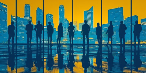 Wall Mural - Silhouette of business people work together in office. Concept of teamwork and partnership. double exposure with network effects