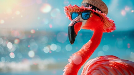 Poster - Bright pink flamingo in sunglasses with a hat on a bright blurred background, concept of summer holidays, tourism, banner with copyspace
