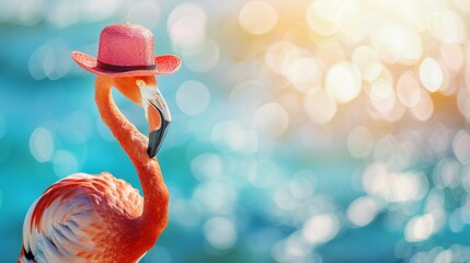 Poster - Hot pink flamingo wearing a hat on a bright blurred background, summer holiday concept, tourism, banner with copy space