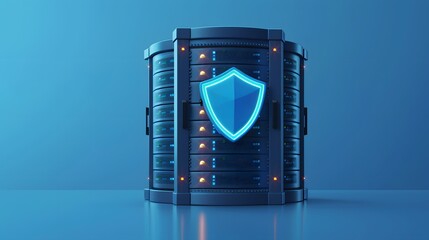 Canvas Print - Secure data server with digital shield, representing data protection, network security, and cybersecurity in a blue-toned environment.