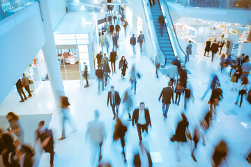 Blurred Image of People Moving Through a Modern Indoor Space Representing Activity and Commerce