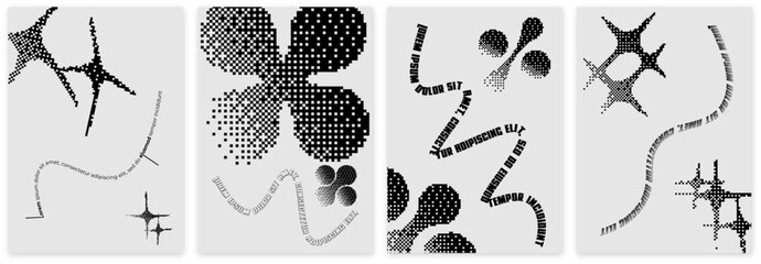 Poster - Monochrome retro Y2K brutal posters with abstract vector bitmap effect that imitates pixels. Y2K modern graphic elements and geometric shapes. Vector EPS 10