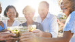 © DisobeyArt - Senior multiracial friends cheering with alcohol free mojitos on the beach at sunset - Mature people having fun during summer vacation - Focus on center woman face