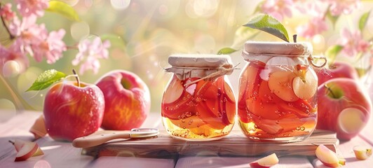 Wall Mural - Apple jam in a glass jar. Apple jam on a light background. Delicious natural marmalade. 