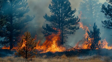 Wall Mural - Flames surge in a controlled burn, a tool for managing and preserving the health of the land.