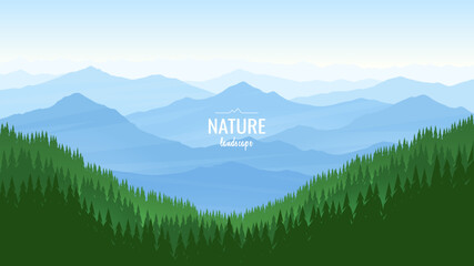 Wall Mural - a beautiful landscape with high mountain ranges and dense forest. clear blue sky. sunrise in the mou