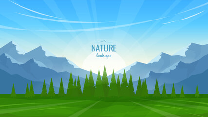 Wall Mural - landscape with hills, forest and mountains. green valley. clear blue sky. sunrise. vector illustrati