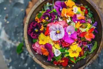 Wall Mural - Colorful flower arrangement in a wooden bowl