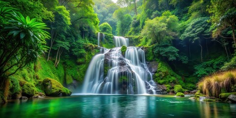 Sticker - A serene waterfall cascading through lush green forest scenery, waterfall, forest, nature, tranquil, scenery, landscape, majestic