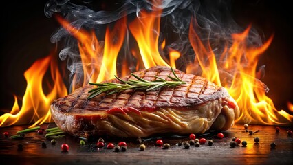 Canvas Print - Grilled steak engulfed in flames , BBQ, cooking, fire, intense, hot, sizzling, charred, smoky, delicious, seared, juicy, meat